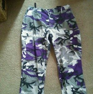 Camo and purple cargo pants